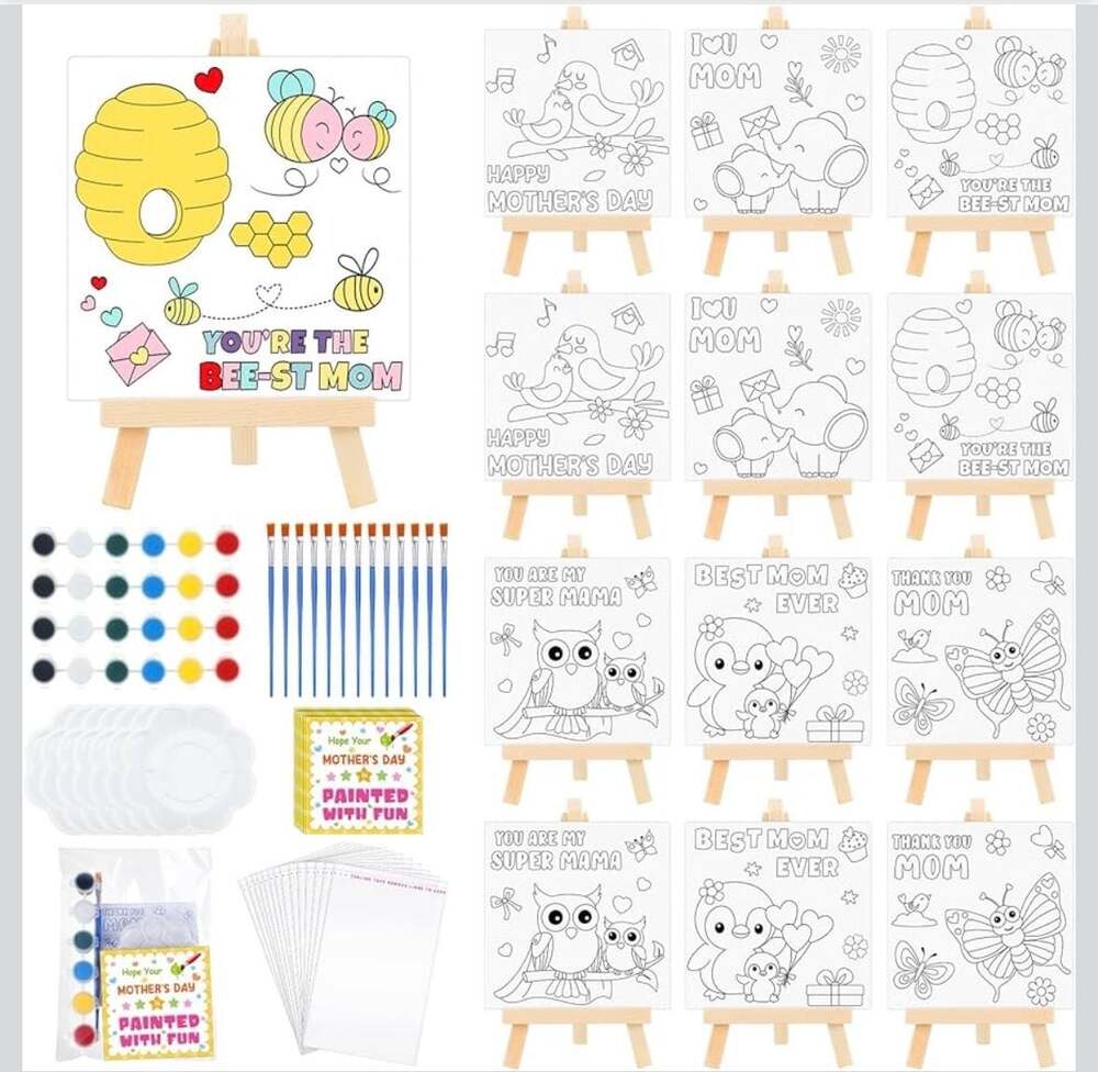 AmazingSpark 24 Pack Mothers Day Canvas Bags for Kids Painting Party